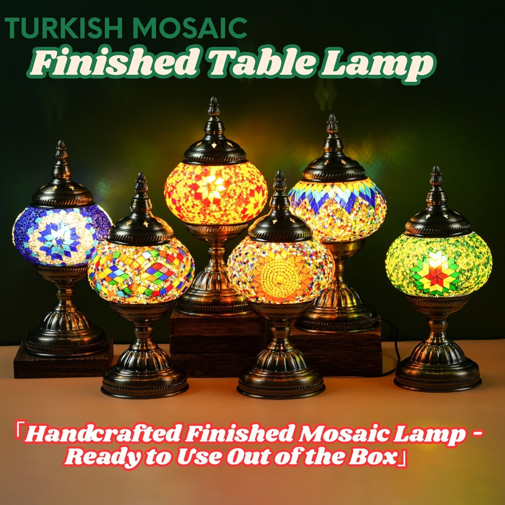 Mosaic Table Lamp Handcrafted Turkish Glass Bedside Lamp 3-Color Dimmable with Metal Base Bulb Included