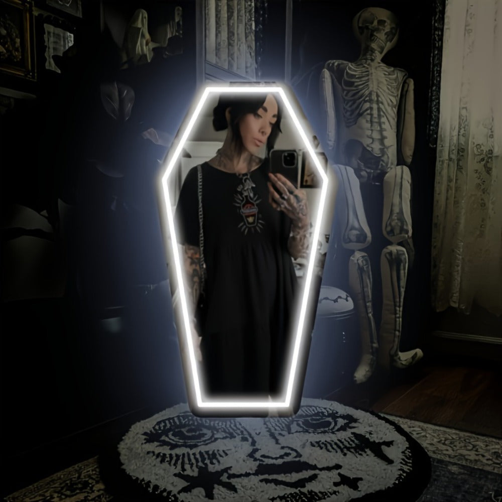 Gothic Coffin Shaped Neon Wall Mirror USB Powered LED Neon Light Mirror Irregular Decorative Art Mirror for Dark Gothic Aesthetic Bedroom Wall Decor Halloween Gift Cold White