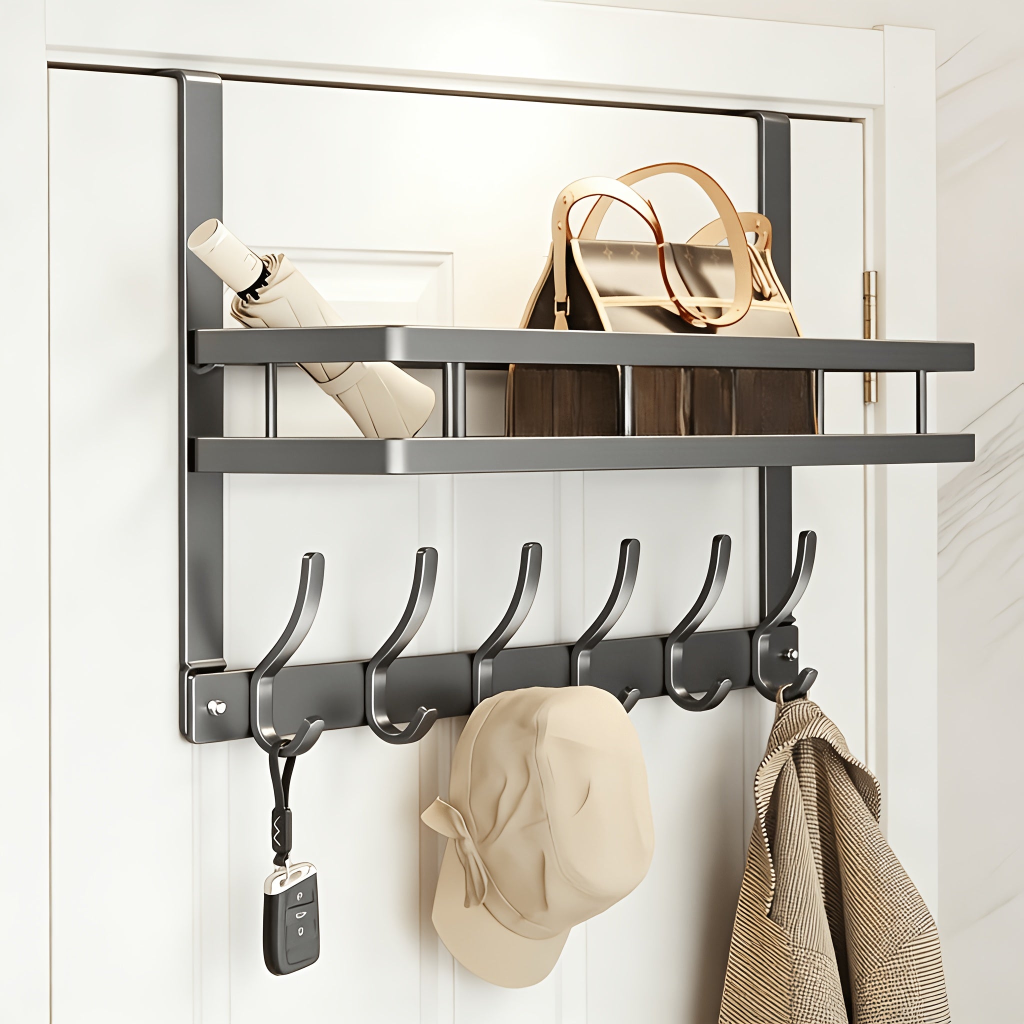 Over Door Hook Rack No Drilling Metal Storage Organizer ¨C 4 5 6 Hooks for Bedroom Bathroom Kitchen, Versatile Door Hanger for Coats Towels Bags & Robes