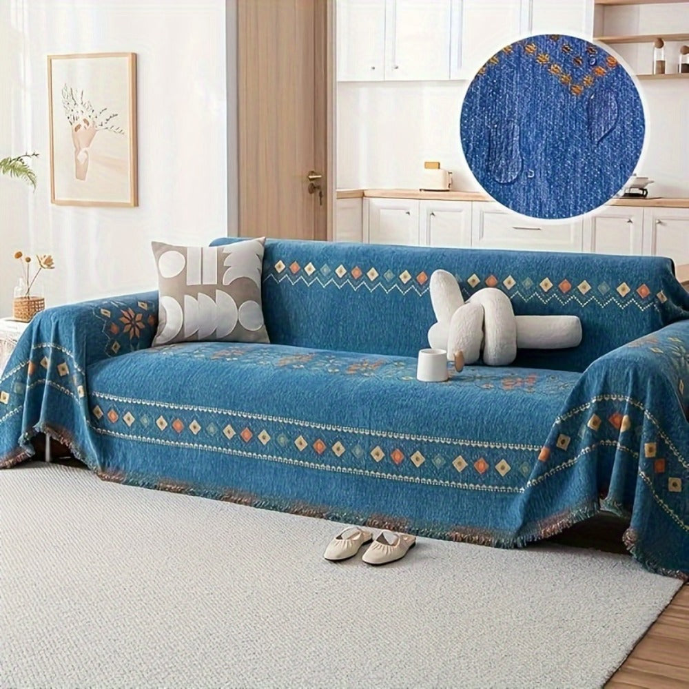 Bohemian Embroidery Chenille Sofa Cover 300GSM - Machine Washable Knit Weave Slipcover for 2 3 4 Seater Sectional Sofa No Padding, 5 Colors