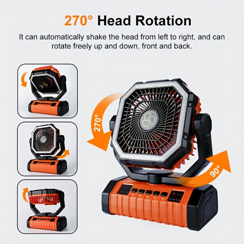 Camping Fan 20000mAh with Built-In LED Light, USB Rechargeable Portable Outdoor Fan with Sturdy Handle, Rugged Compact Design for Tent, Hiking, Fishing, Backpacking and Emergency Power Outage