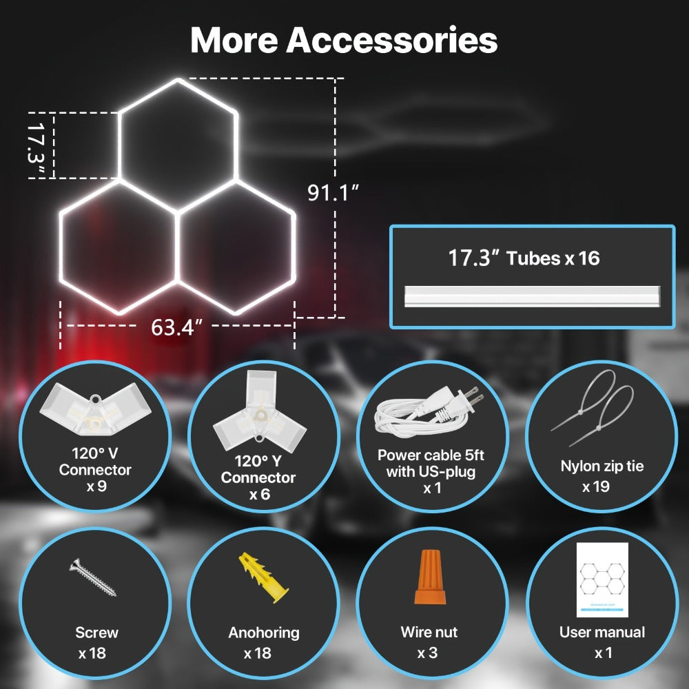 LED Hexagonal Garage Light 6500K ¨C Super Bright Daylight White Shop Light 42W¨C620W for Auto Detailing, Warehouse, Workshop, Basement & Gym (1 to 32 Grids, Hex Frame Available)