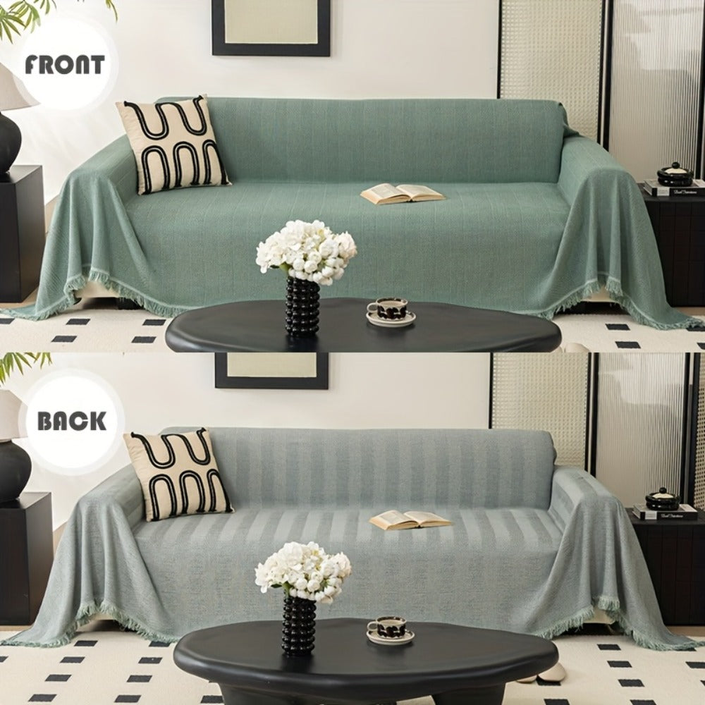 Herringbone Sofa Throw Cover with Tassels Jacquard Woven Solid Color Washable Polyester Sofa Blanket Slipcover for 3 4 Seater Couch Living Room - Grey Coffee Green Blue