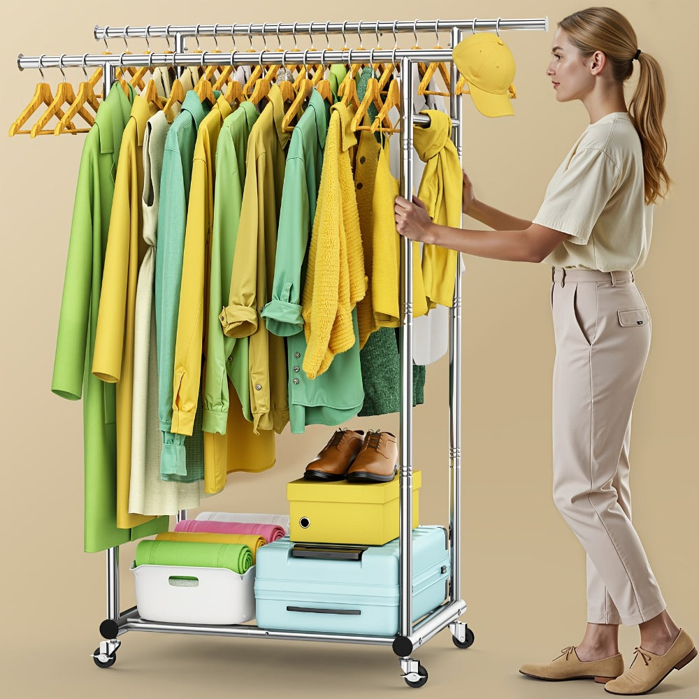 Portable Clothes Rack with Wheels ¨C Heavy Duty Double Rod Garment Rack with Shelves & Hooks | Metal Rolling Clothing Rack for Hanging Clothes | Multi-Functional Closet Rack for Bedroom & Laundry Room
