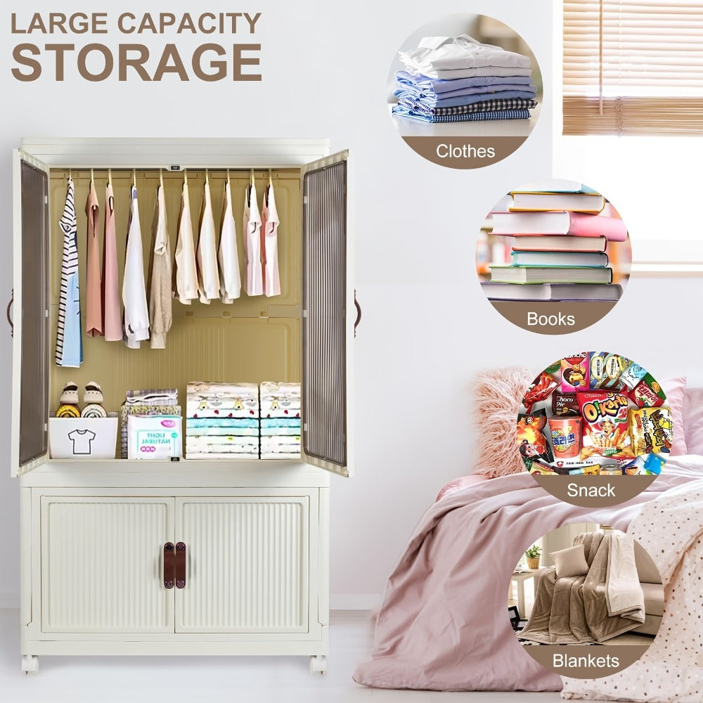 Portable Closet Wardrobe with Wheels & Hanging Rod ¨C Foldable Clothes Cabinet with Doors, 10 Hangers, Stackable Storage Bins, 70 GAL Collapsible Plastic Wardrobe Organizer