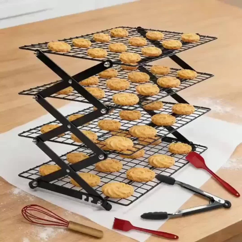 Foldable Cooling Rack Set ¨C Stackable Oven Cookie Cake Drying Rack with Free Baking Tools (Silicone Spatula, Egg Beater, Tongs, Brush) | 3/4/5 Tier Options for Kitchen, Camping & Holiday Baking