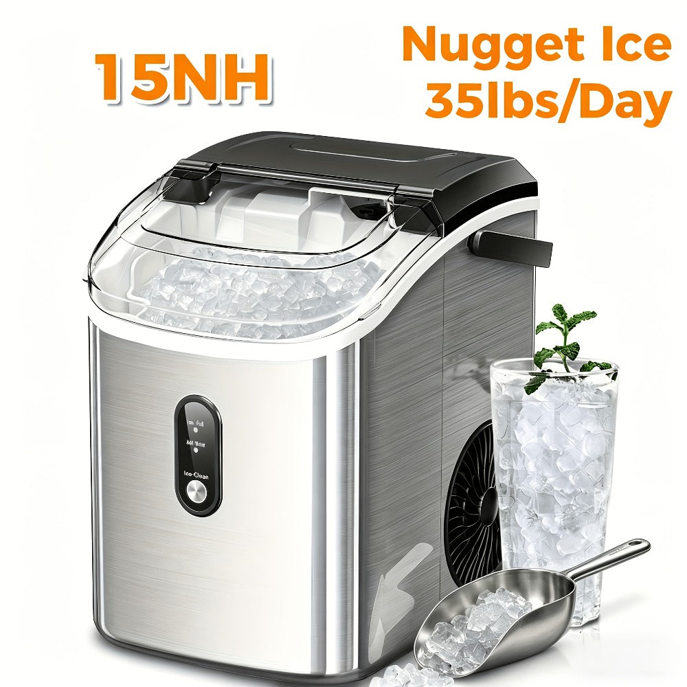 Countertop Nugget Ice Maker 35lbs in 24hrs, Self-Cleaning Portable Ice Machine with Ice Scoop & Basket, Stainless Steel, for Home Kitchen Office Camping RV Bar