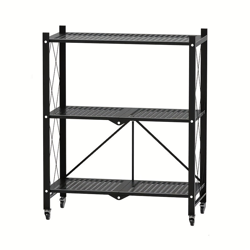 Storage Rack 3-5 Tier Foldable Shelving Unit with Wheels - Portable Multi-Layer Floor Standing Utility Shelf Organizer for Bedroom Closet Kitchen Office Black White