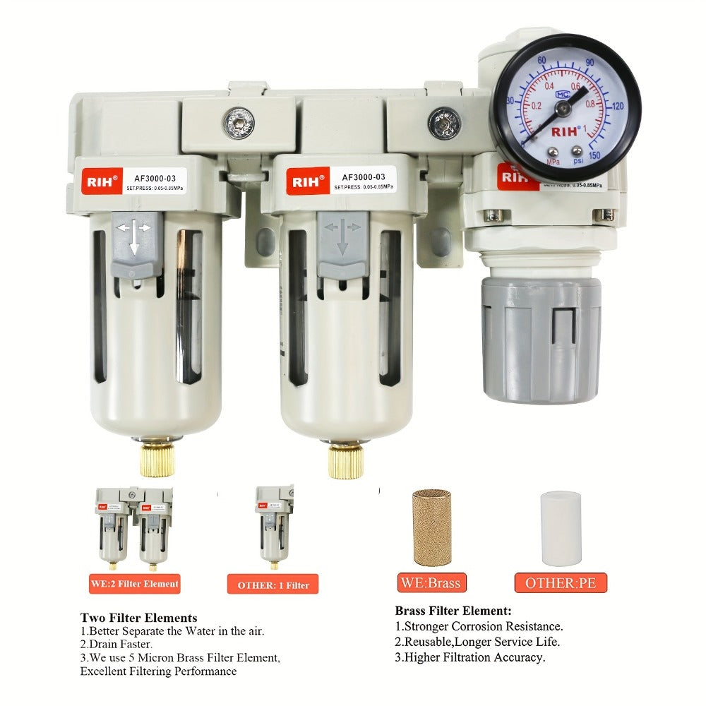 Air Filter Regulator Combo AC3110-03 High Pressure Compressed Air Source Treatment Unit - FRL Combination Filter Regulator Lubricator for Industrial Commercial Pneumatic Systems, Purifies & Regulates Air