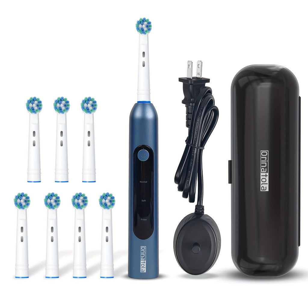 Rotating Electric Toothbrush with 8 Replacement Heads ¨C Wireless Induction Charging, 3 Cleaning Modes, IPX7 Waterproof, Oral Care Gift for Family, Friends & Parents ¨C Blue, Purple, Black