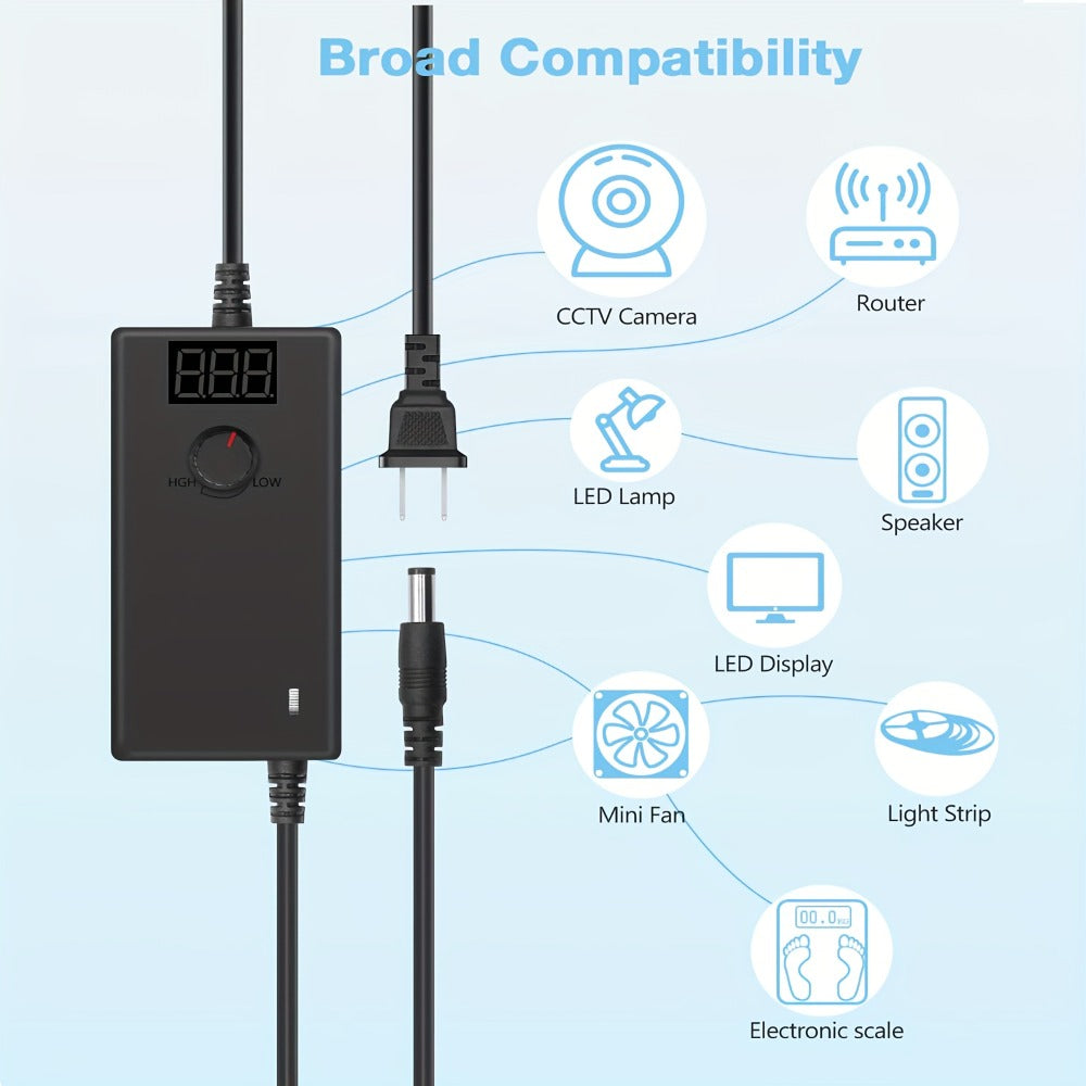 Adjustable AC DC Power Adapter 24W 3-12V 2A Universal Power Supply 100-240V with LED Voltage Display 14 Tips Polarity Converter for Small Home Electronics