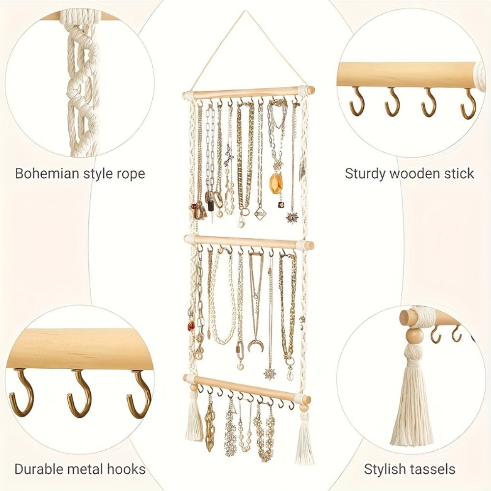 Boho Jewelry Organizer Wall Mount Hanging Rack Hand Woven Tassel Necklace Earring Bracelet Holder 30 Hooks Bedroom Decor Display Stand