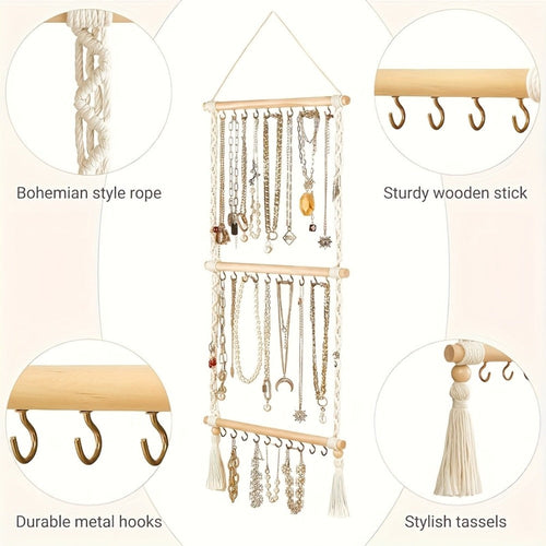 Boho Jewelry Organizer Wall Mount Hanging Rack Hand Woven Tassel Necklace Earring Bracelet Holder 30 Hooks Bedroom Decor Display Stand