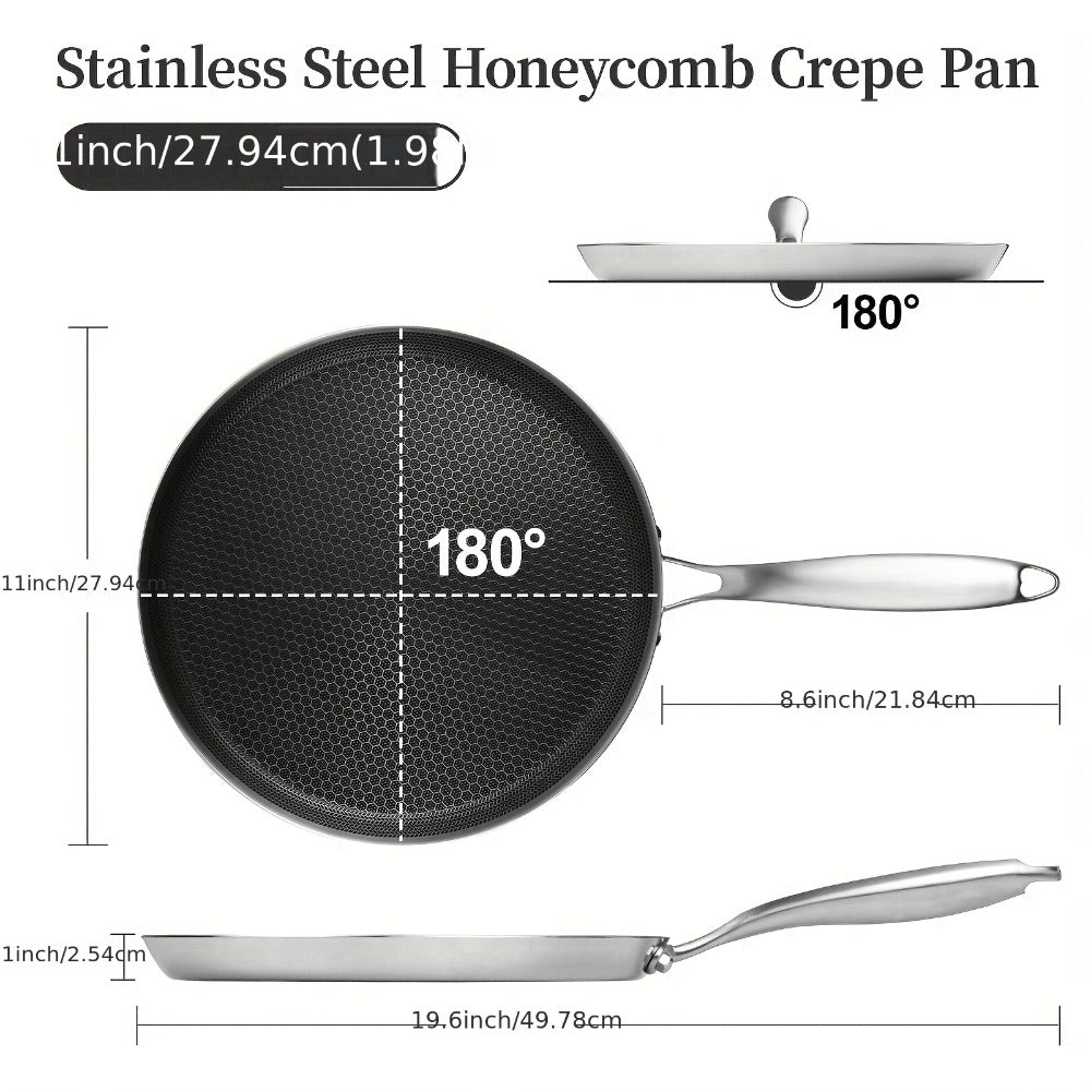 Stainless Steel Crepe Pan 11 Inch Dual Honeycomb Non-Stick PFOA-Free with Lid ¨C Triply Steel Pancake Griddle for Tortillas | Induction Gas Electric Ceramic Compatible Home Camping BBQ Cookware