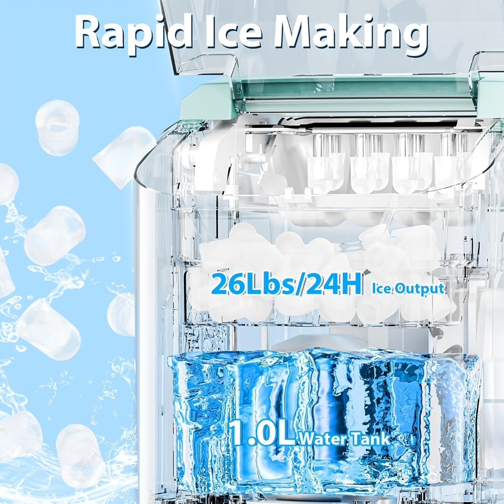 Countertop Ice Maker 26.5 Lbs Per Day - 9 Ice Cubes Ready in 6 Minutes, Portable Ice Machine with Self-Cleaning, 2 Ice Sizes S/L, Compact Ice Maker for Home Kitchen Office Bar RV - Green