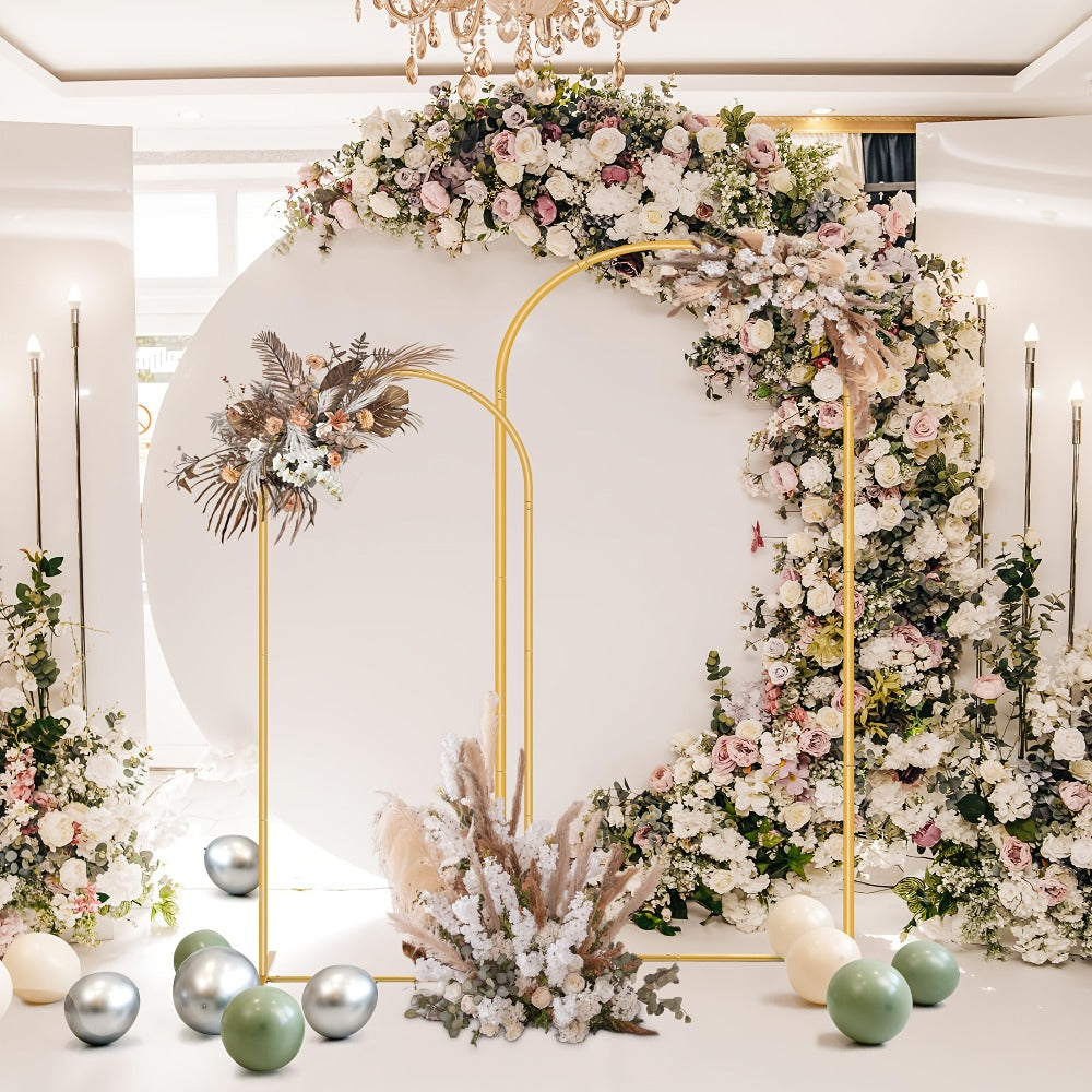 2-Piece Wedding Arch Backdrop Frame Set 7.2FT+6FT Metal Balloon Arch Stand for Wedding Birthday Party Garden Outdoor Indoor Event Decor Gold White
