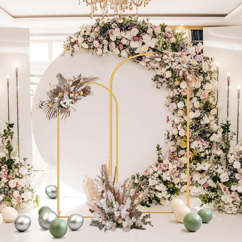 2-Piece Wedding Arch Backdrop Frame Set 7.2FT+6FT Metal Balloon Arch Stand for Wedding Birthday Party Garden Outdoor Indoor Event Decor Gold White
