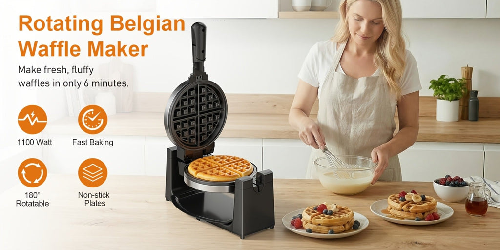 Belgian Waffle Maker 180¡ã Rotating Flip Waffle Iron, Non-Stick Plates, Adjustable Browning Control, Removable Drip Tray, Cool Touch Handle, Stainless Steel, Space-Saving Foldable Design ¨C Single & Double
