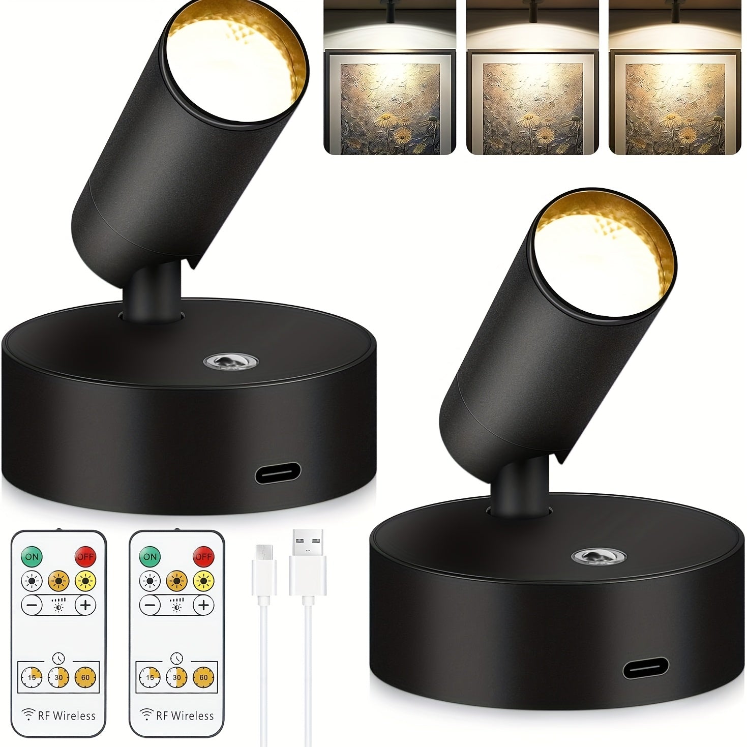 Rechargeable Indoor Spotlight LED ¨C 3-Color Dimmable with Remote & Timer, 350¡ã Adjustable, 2500mAh Battery, Magnetic Base Wall Accent Light for Pictures, Plants & Artwork (White / Black, 1 or 2 Pack)