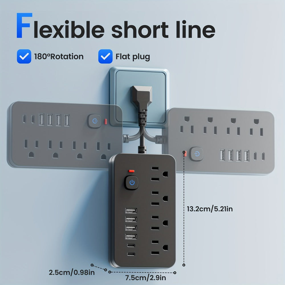 Outlet Extender Power Strip Wall Mountable 14-in-1 10-in-1 with 8 AC Outlets 6 USB Ports 2 USB-C One-Touch Control Switch Overload Protection Short Cord Design for Home Office School Den White Black