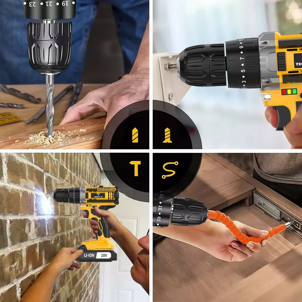 Cordless Drill Set 20V - Tegatok Impact Drill Kit with 45Nm Torque, 23-Speed Settings, LED Light, 2.0Ah Battery & Fast Charger, 58/136/145pcs Accessories for Home Renovation, Woodworking & Metal Drilling