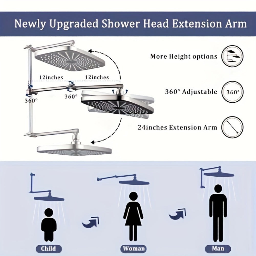 Rain Shower Head with Handheld Combo 12 Inch High Pressure Rainfall Showerhead Set ¨C 4-Function Spray, 3-Way Diverter, 2-Stage Extension Arm & 71¡± Hose, Matte Black / Chrome / Brushed Nickel