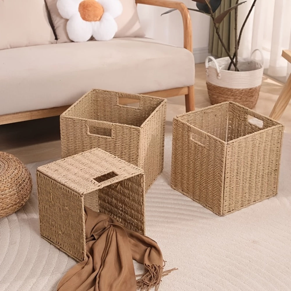 Rattan Storage Basket Foldable Square Wicker Laundry Hamper with Frame Natural Handwoven Organizer Bin for Bedroom Living Room Bathroom Clothes Toys