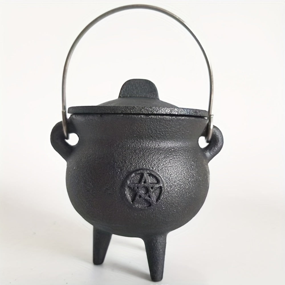 Cast Iron Cauldron with Lid & Handle ¨C Witchcraft Incense Burner, Spell Ritual Pot, Halloween Decor, Pentagram & Triple Moon Styles, Pagan Altar Cauldron
