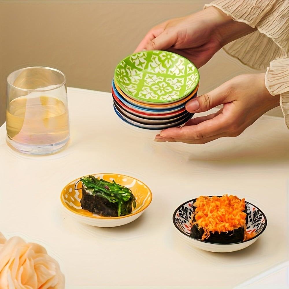 Ceramic Condiment Dish Set of 10 ¨C Bohemian Small Saucer Dipping Bowls for Soy Sauce, Vinegar & Spices | Kitchen, Restaurant, Party, BBQ & Picnic Use | Machine Washable