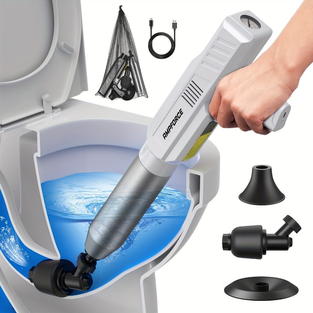 Electric Toilet Plunger 8V Cordless ¨C High-Pressure Pneumatic Toilet Unclogger with Real-Time Pressure Display, Power Drain Opener for Clogged Toilets, Sinks & Floor Drains, Mess-Free & Reusable