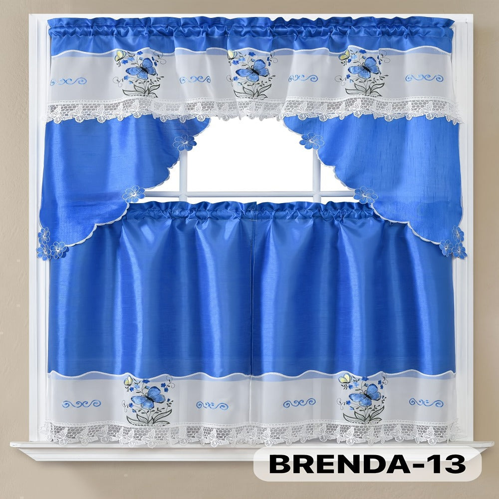 Kitchen Curtains 3 Piece Set Embroidered Satin Valance and Tiers - Rod Pocket Light Filtering Machine Washable 46 Colors Available All Season Home Decor