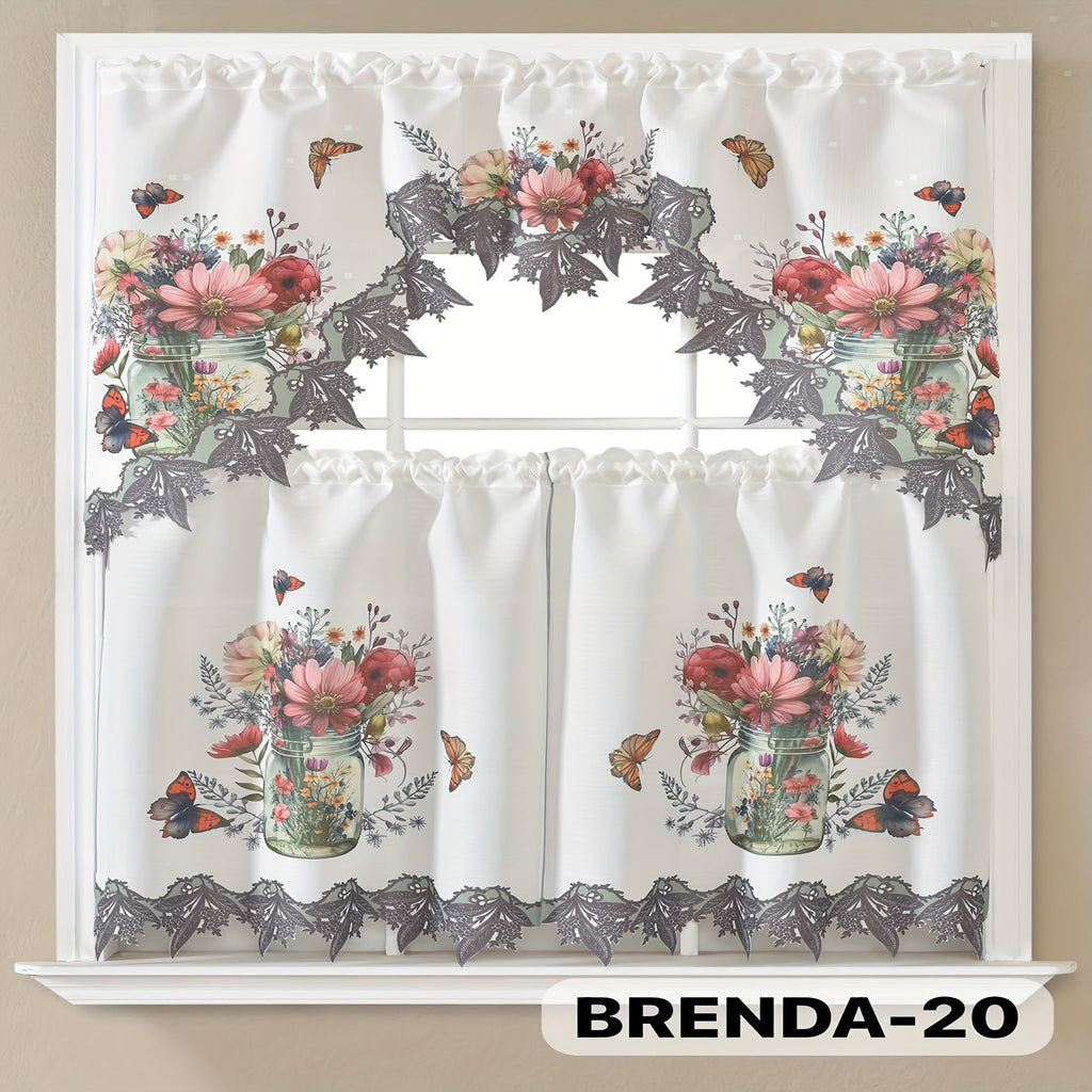 Kitchen Curtains 3 Piece Set Embroidered Satin Valance and Tiers - Rod Pocket Light Filtering Machine Washable 46 Colors Available All Season Home Decor