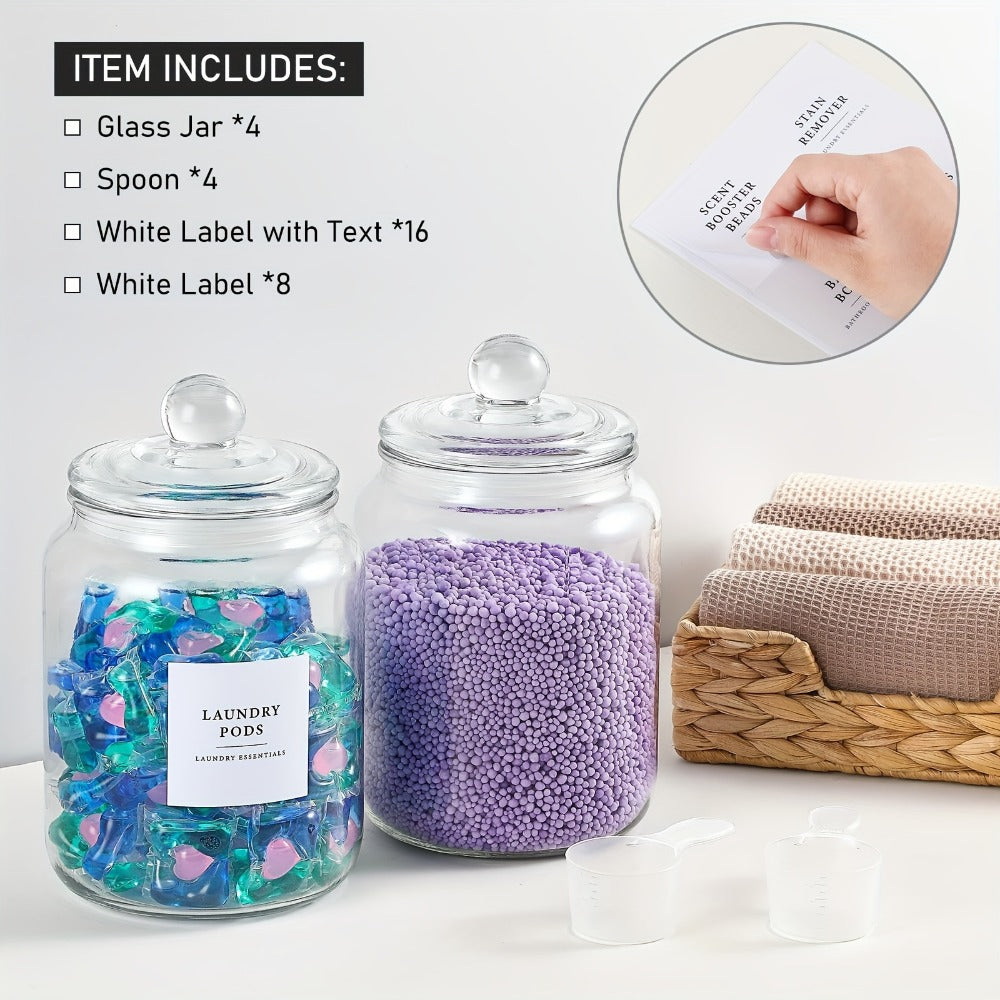 Airtight Glass Jars with Lids Labels and Spoons Half Gallon Storage Canisters for Laundry Detergent Pods Scent Booster Beads Kitchen Pantry Organization Food Safe Wide Mouth 1 2 3 4 Pack