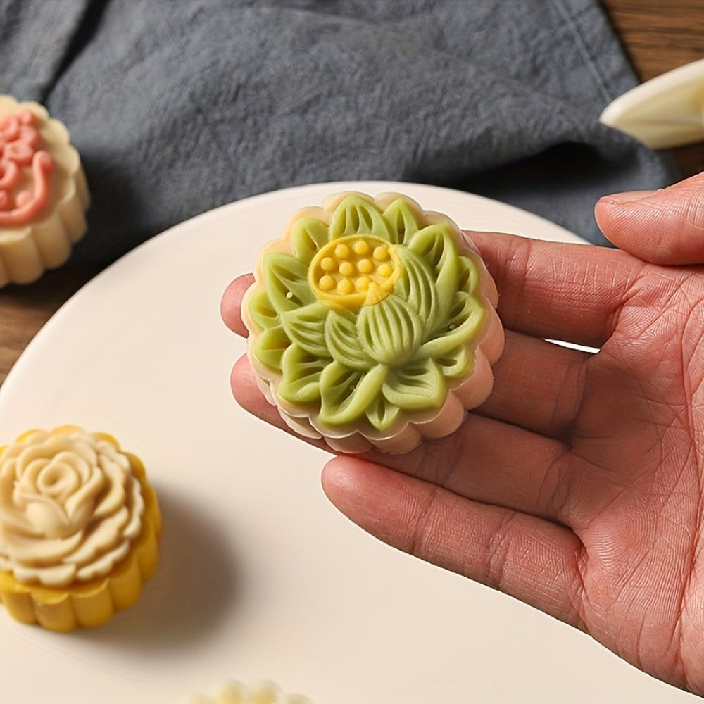Mooncake Mold 7pcs Set, 50g Hand Press Moon Cake Maker with 6 Flower Pattern Stamps, Mid-Autumn Festival Cookie Stamp Pastry Tool, Plastic Mooncake Press Mold for DIY Baking