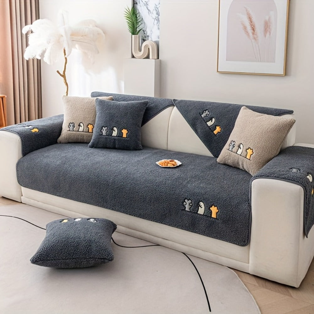 Plush Shearling Sofa Cover Non-Slip Pet-Friendly Couch Protector Animal Bone Embroidery Soft Warm for Living Room Bedroom Office 2 3 4 Seater
