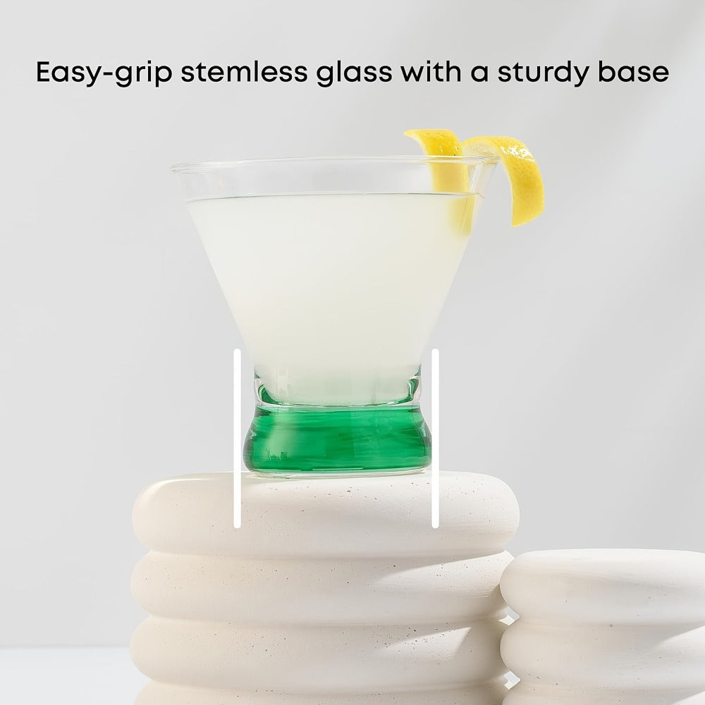 Stemless Martini Glasses Set of 6 ¨C 8oz Colored Cocktail Glasses, Margarita Bar Dessert Glassware with Gradient Color Base, Espresso Martini Manhattan Party Glasses, Gift for Her