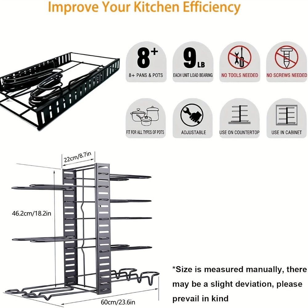 Pot and Pan Organizer 8-Tier with Lid Rack - Kitchen Cabinet Storage Rack for Cookware Pots Pans Lids and Utensils, Space Saving Vertical Cookware Organizer for Cabinet Pantry and Counter, Available in 1 or 2 Pack