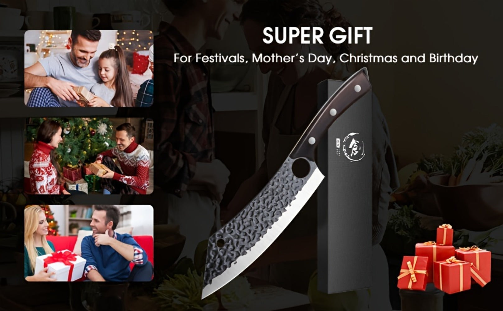 Butcher Knife 8 Inch Hand Forged High Carbon Steel Cleaver ¨C Meat & Vegetable Chopping Knife with Finger Hole, Wooden Handle