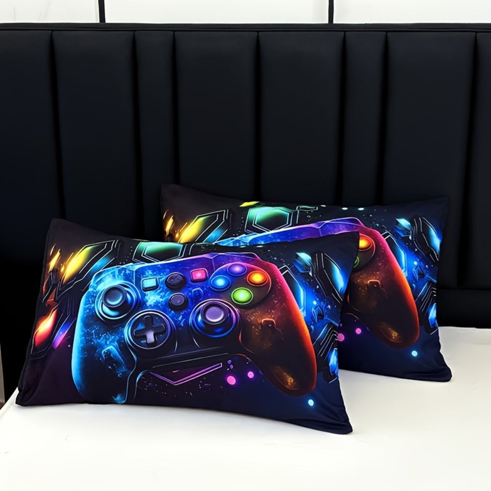 Gaming Bed Sheet Set 3pcs Fitted Sheet + 2 Pillowcases Gamepad Bedding Deep Pocket Machine Washable Boys Girls Dorm Room Decor Gift for Gamers (No Filling)