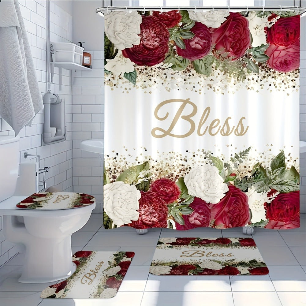 Rose Print Shower Curtain 4-Piece Bathroom Set ¨C Toilet Lid Cover Mat Machine Washable with 12 Hooks Elegant Floral Decor