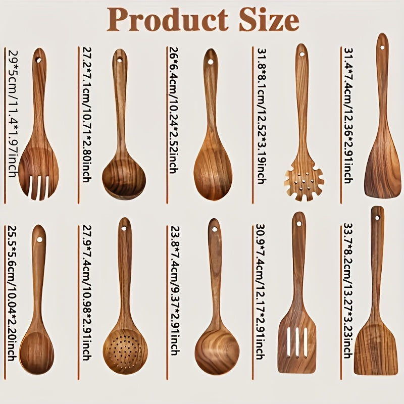 Wooden Kitchen Utensil Set 10 Piece - Nonstick Safe Cooking Spoons, Ergonomic Handle, Heat Resistant Wood Kitchen Tools, Natural Bamboo Utensils for Pots and Pans