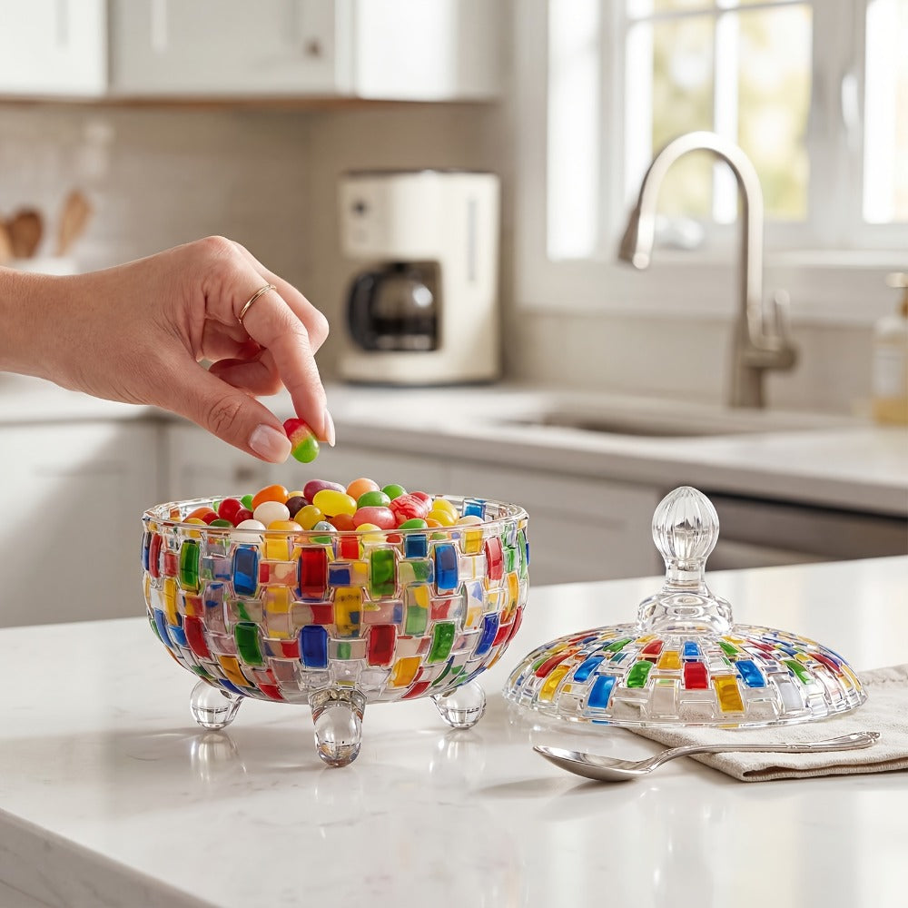 Crystal Glass Candy Dish with Lid & Tongs ¨C Hand-Painted Colorful Candy Box, Jewelry Storage Jar, Christmas Gift for Family & Friends | Elegant Candy Server