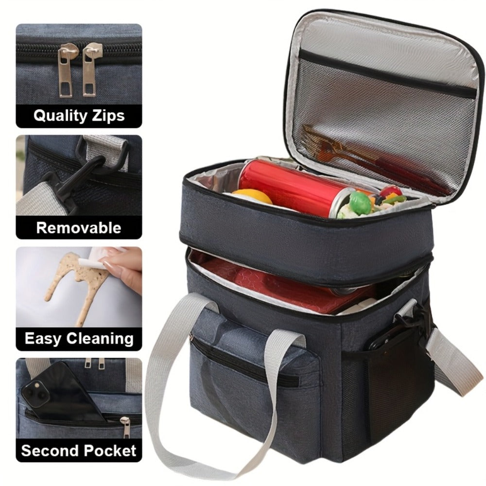Insulated Lunch Bag Large Double Layer Leakproof Cooler Tote Bag with Adjustable Crossbody Strap for Men Women Office Picnic Travel Camping in Black Grey Burgundy Blue