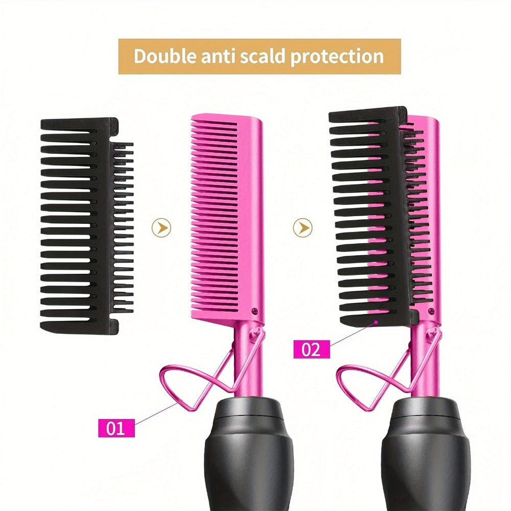 Electric Hot Comb Hair Straightener ¨C 3-in-1 Ceramic Pressing Comb for Natural Hair, Beard & Wigs, Curling & Straightening Iron with Protective Holder, Bonus 2 Clips & 1 Comb, Gift Ready