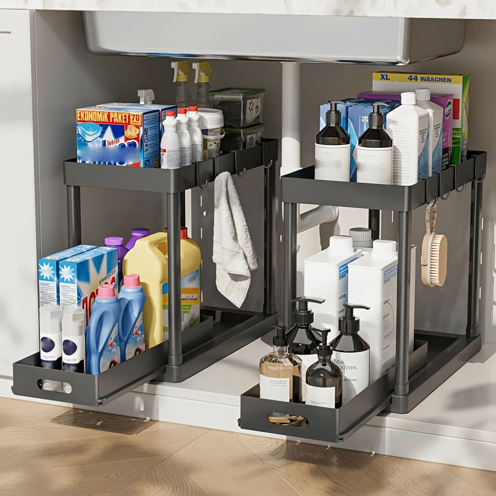 Under Sink Organizer 2pcs Double Tier Sliding Storage Basket with 8 Hooks ¨C Kitchen Bathroom Cabinet Rack Shelf