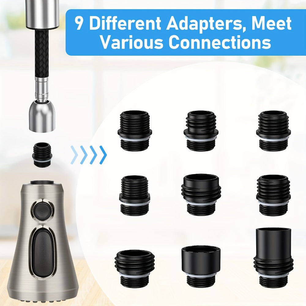 Kitchen Faucet Sprayer Head 3 Function Pull Down Replacement with 9 Adapter Kit Stream Spray Aquablade for Moen American Standard Pull Out Sink Nozzle Brushed Nickel ABS G1/2