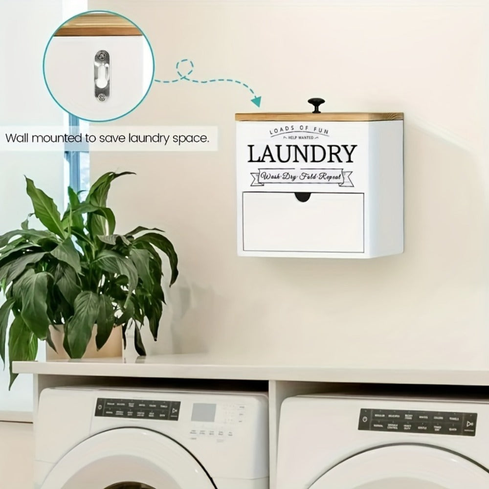 Dryer Sheet Holder with Drawer & Lid | Farmhouse Wood Laundry Pod Dispenser | Wall Mount or Countertop Organizer for Laundry Room Storage, Black & White