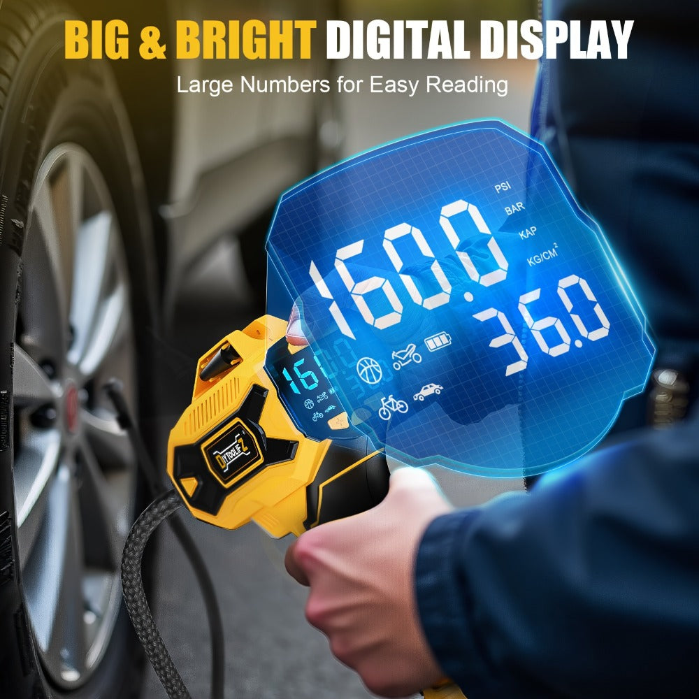 Cordless Tire Inflator 160PSI Portable Air Compressor Compatible with DeWalt 20V / 18V Battery ¨C Digital Pressure Gauge, Fast Inflation for Cars, Motorcycles, Bicycles & Sports Balls (Battery Not Included)