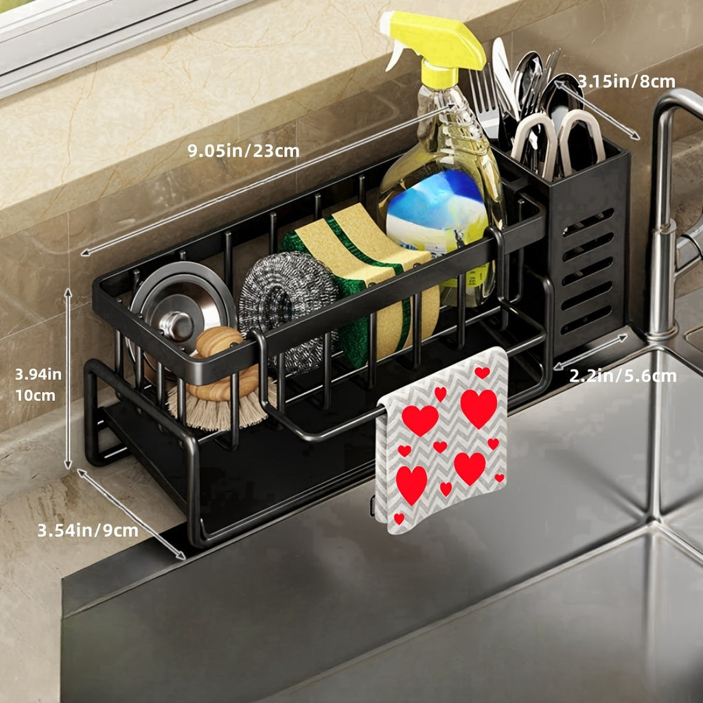 Kitchen Sink Organizer Sponge Holder with Self-Draining Tray Removable Rag Rod Carbon Steel Countertop Storage Rack for Sponges Brushes Soap Bathroom