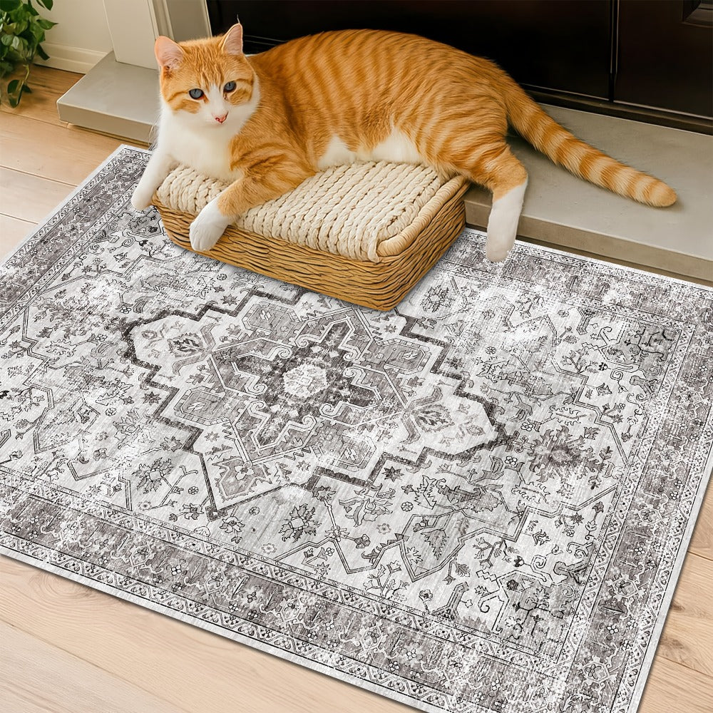 Bohemian Area Rug Ultra-Soft Non-Slip Washable Retro Foldable Carpet for Living Room Bedroom in Beige and Grey Multiple Sizes